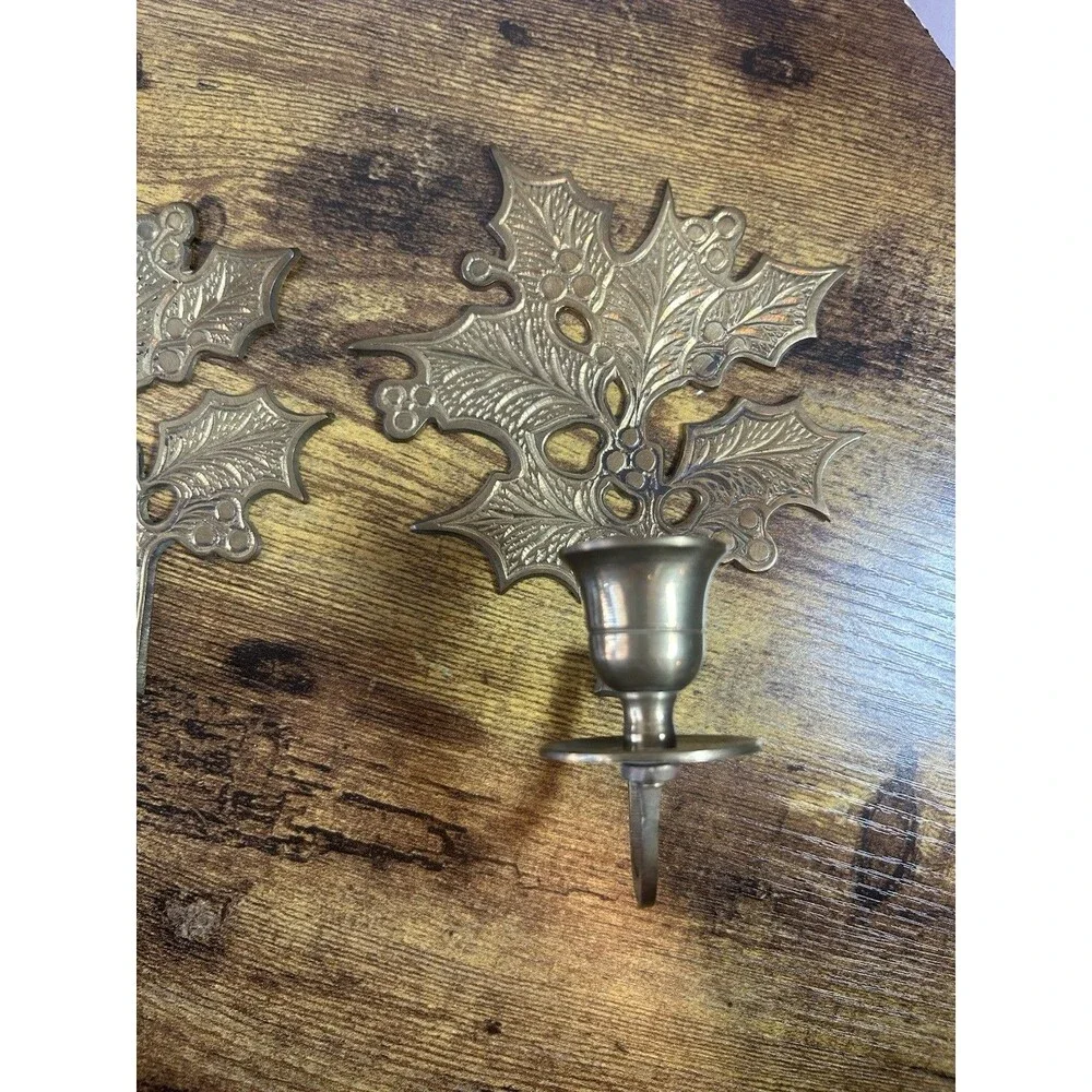 Vintage Brass Holly Leaf Candle Holders Pair Christmas Sconce Decor  Holiday Set